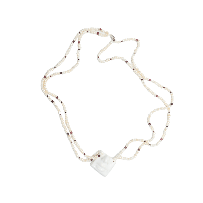 Handmade ceramic, garnet and white pealrs necklace