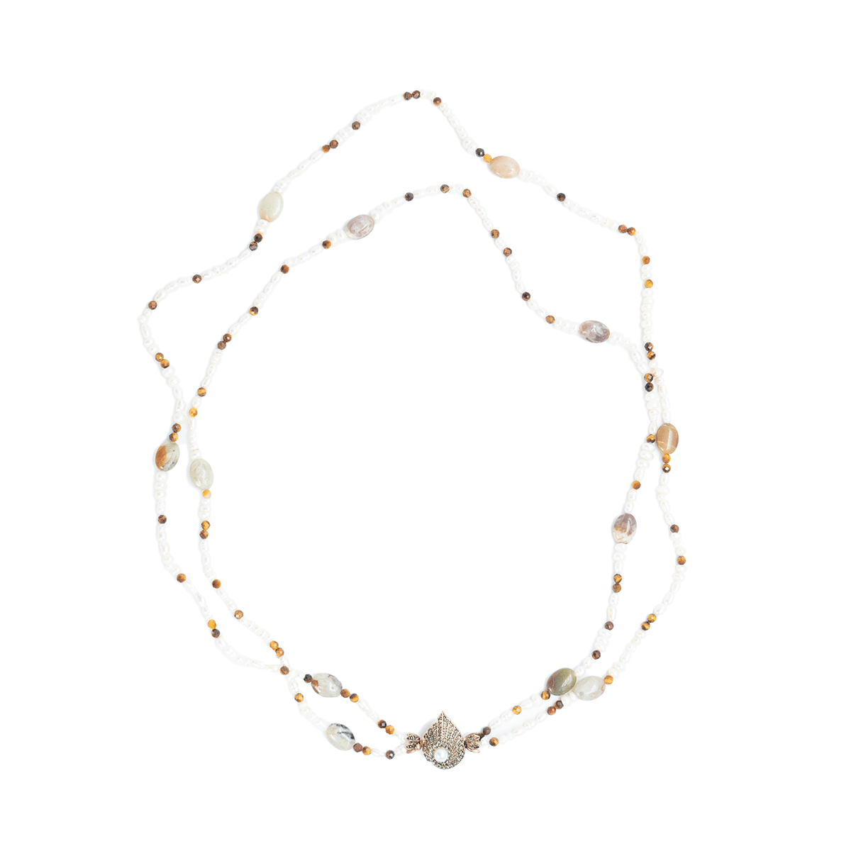 Handmade Necklace, with amazonit tiger eye stone and white pearls